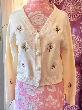 Women’s Floral Coquette Whimsy Cardigan Sweater Womens Small Knit Cream Button